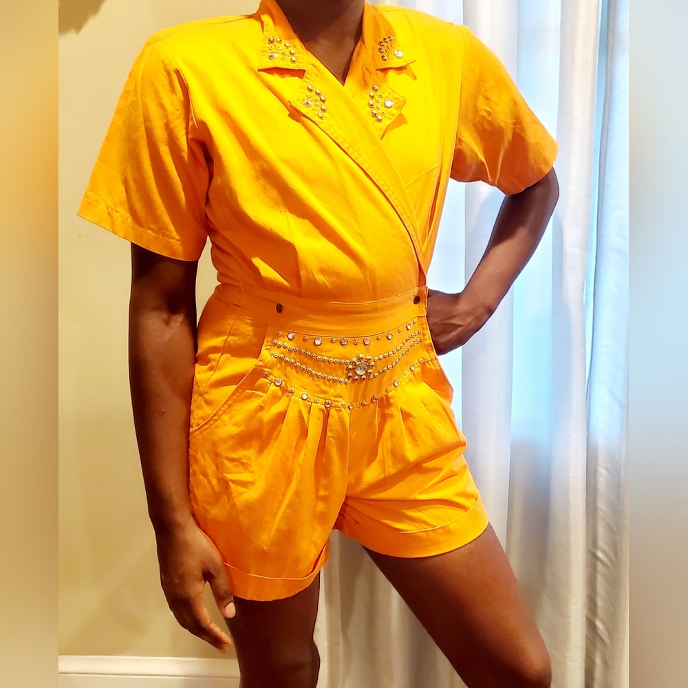 Vintage Embellished Pleat Front Shorts Romper With Pockets